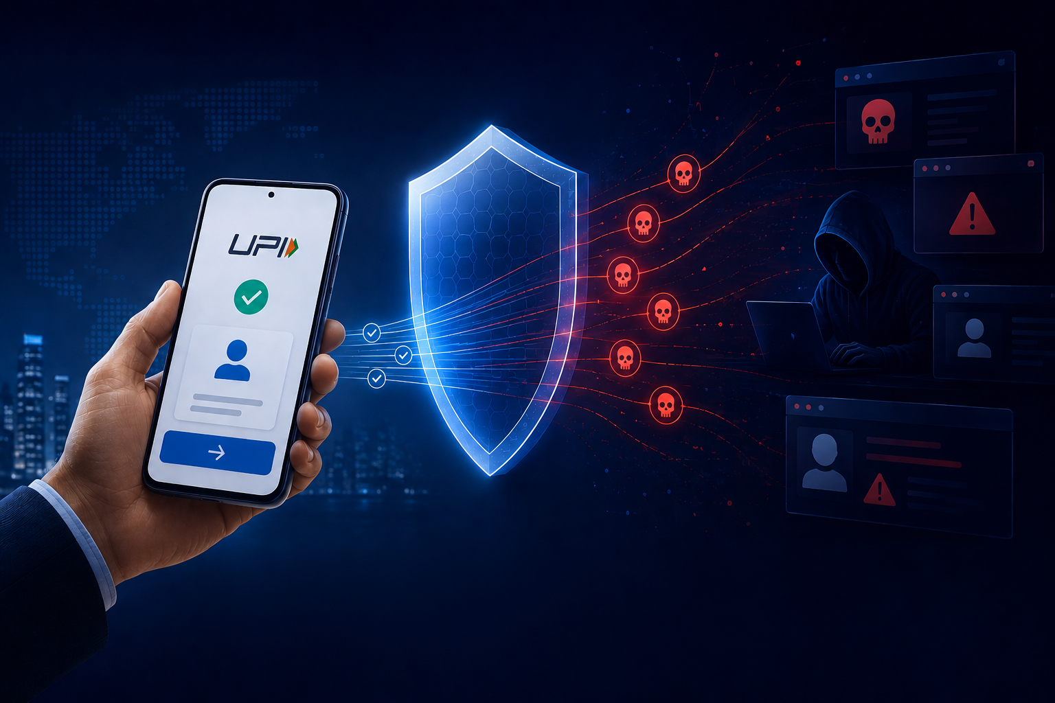 UPI threat vector: a verified payment on a phone, shielded from malicious actors and fraudulent accounts